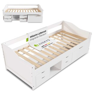Juskys Funktionsbett Nalu 90x200 cm - Holz Bett mit Lattenrost & Schubladen - Stauraumbett Weiß 