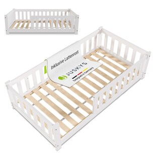 Juskys Kinderbett Naya 80x160 cm - Bett mit Rausfallschutz & Lattenrost - Holz Bodenbett Kinder Weiß 