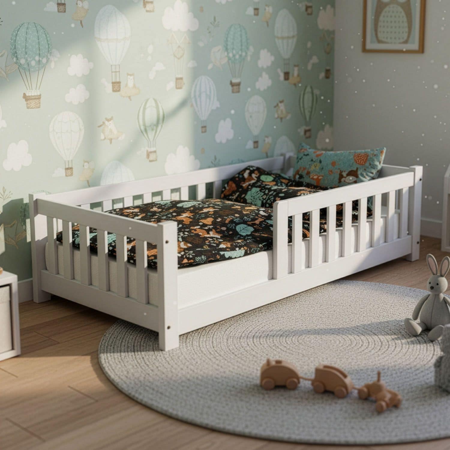 Juskys Kinderbett Naya 90x200 cm - Bett mit Rausfallschutz & Lattenrost - Holz Bodenbett Kinder Wei&szlig; 