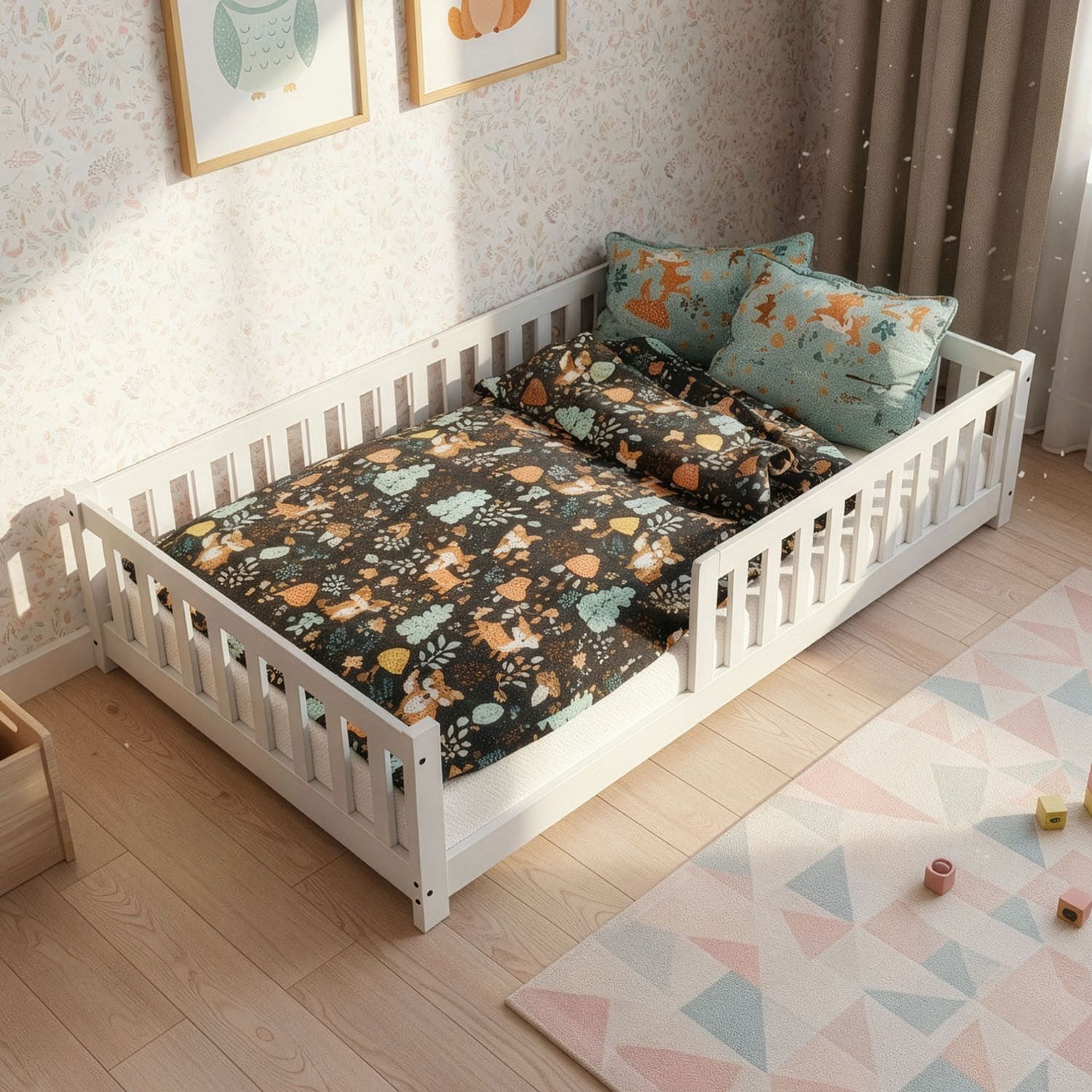 Juskys Kinderbett Naya 120x200 cm - Bett mit Rausfallschutz & Lattenrost - Holz Bodenbett Kinder Wei&szlig; 