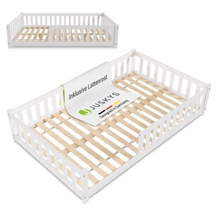 Juskys Kinderbett Naya 120x200 cm - Bett mit Rausfallschutz & Lattenrost - Holz Bodenbett Kinder Weiß 