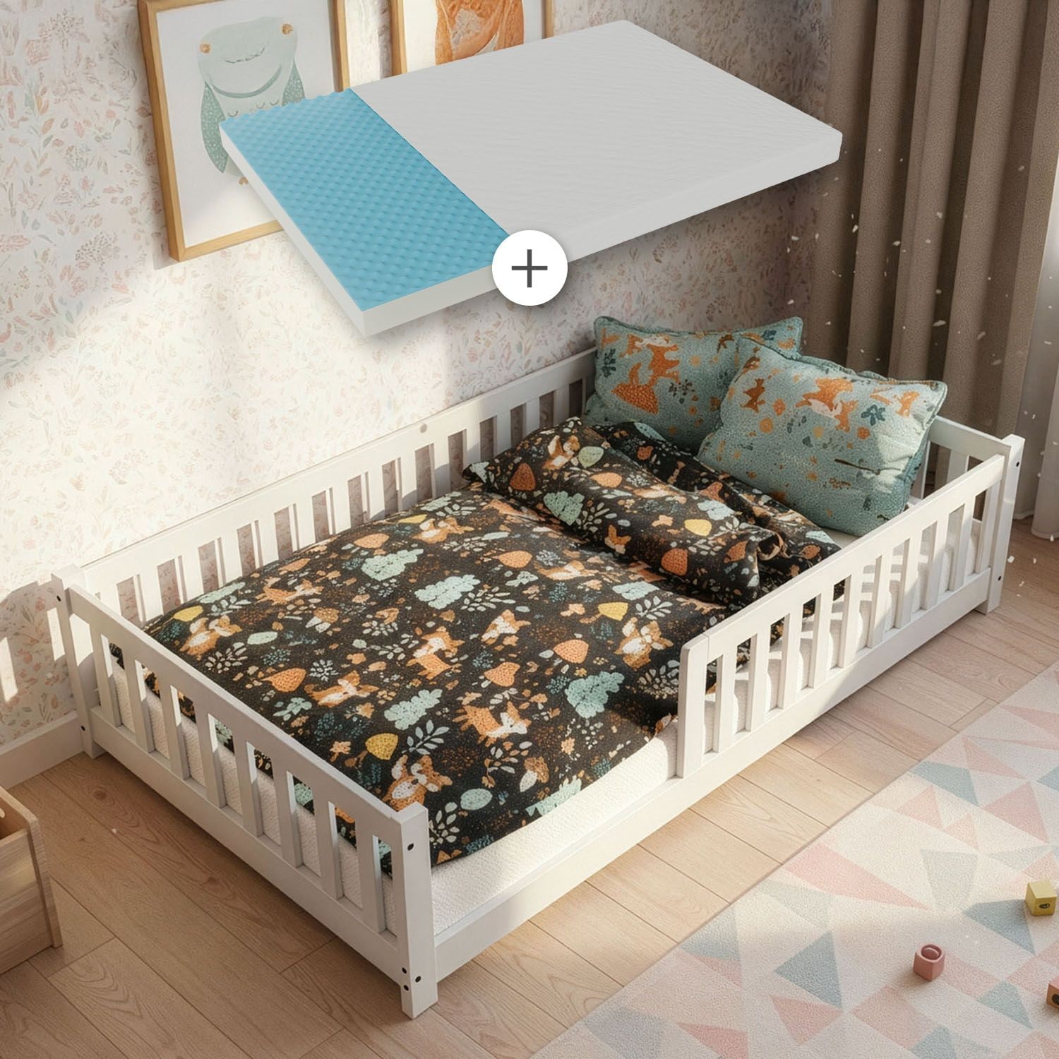 Juskys Kinderbett Naya 120x200 cm - Bett mit Matratze, Rausfallschutz & Lattenrost - Bodenbett Wei&szlig; 