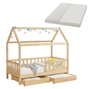 Juskys Kinderbett Marli 80 x 160 cm mit Matratze, Bettkasten, Gitter, Lattenrost & Dach - Bett Natur 