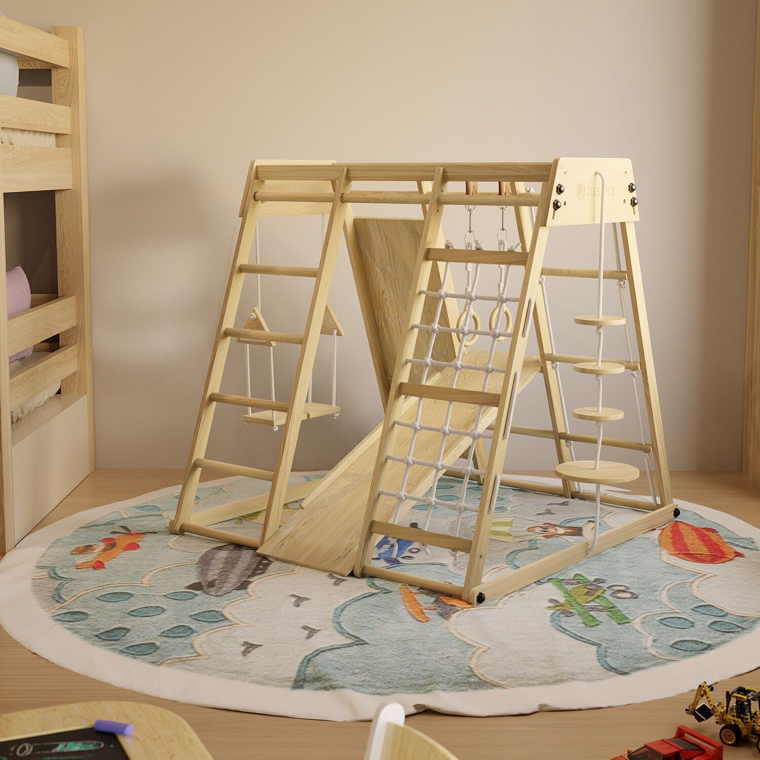 Maxi Klettergerüst für Kinder - Indoor Spielplatz mit Rutsche, Kletterwand & Schaukel - Natur