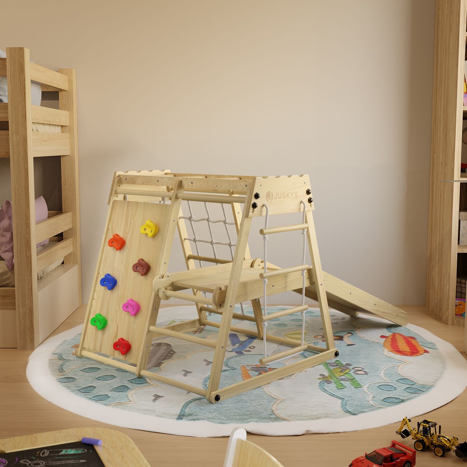 Mini Klettergerüst für Kinder - Indoor Spielplatz mit Rutsche, Kletterwand & Turnringe Natur