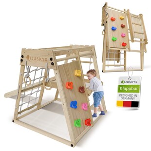 Juskys Mini Klettergerüst für Kinder - Indoor Spielplatz mit Rutsche, Kletterwand & Turnringe Natur 