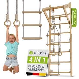 Juskys Sprossenwand für Kinder - Indoor Klettergerüst mit Turnringen, Klimmzugstange, Strickleiter 