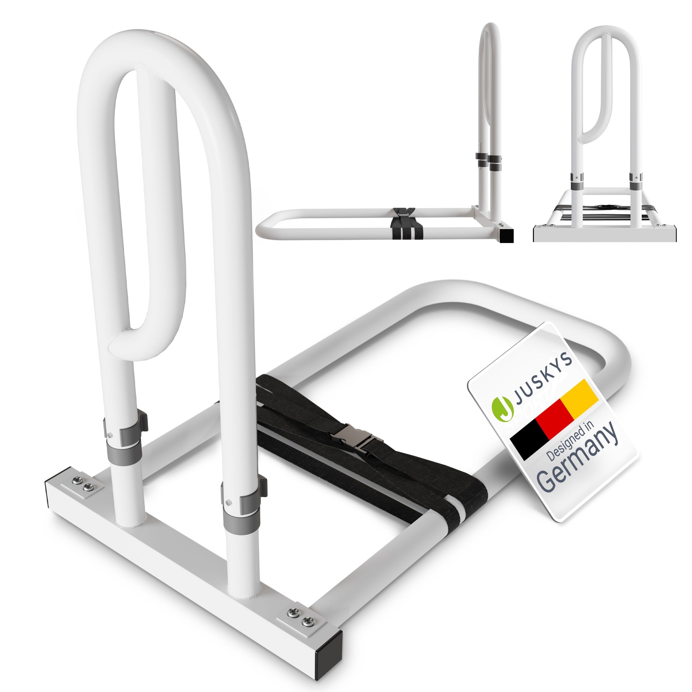 Juskys Aufstehhilfe Bett - Stahl Haltegriff f&uuml;r Senioren - h&ouml;henverstellbar - inklusive Gurte - Wei&szlig; 