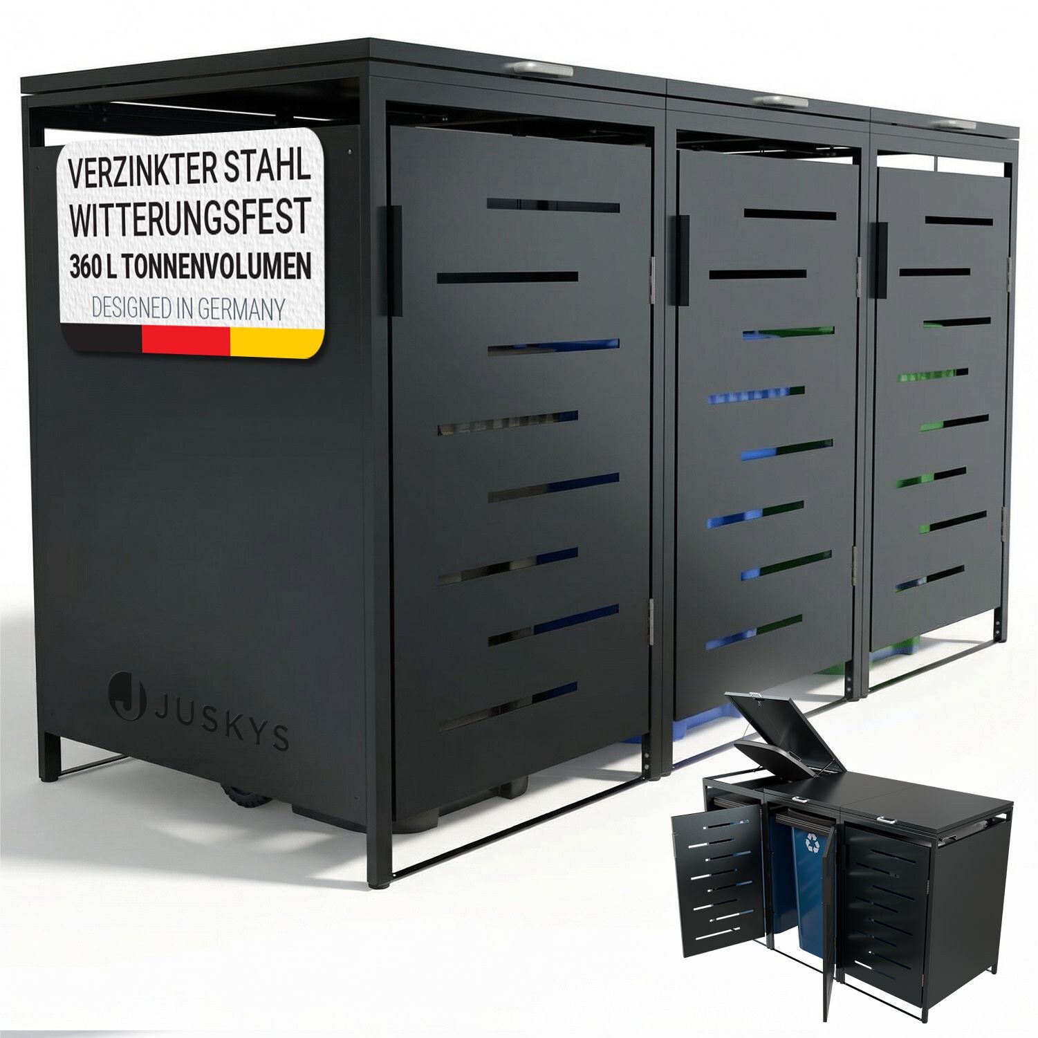 Juskys Mülltonnenbox Arel 3er - Metall Gartenbox für Mülltonnen - Aufbewahrungsbox Anthrazit