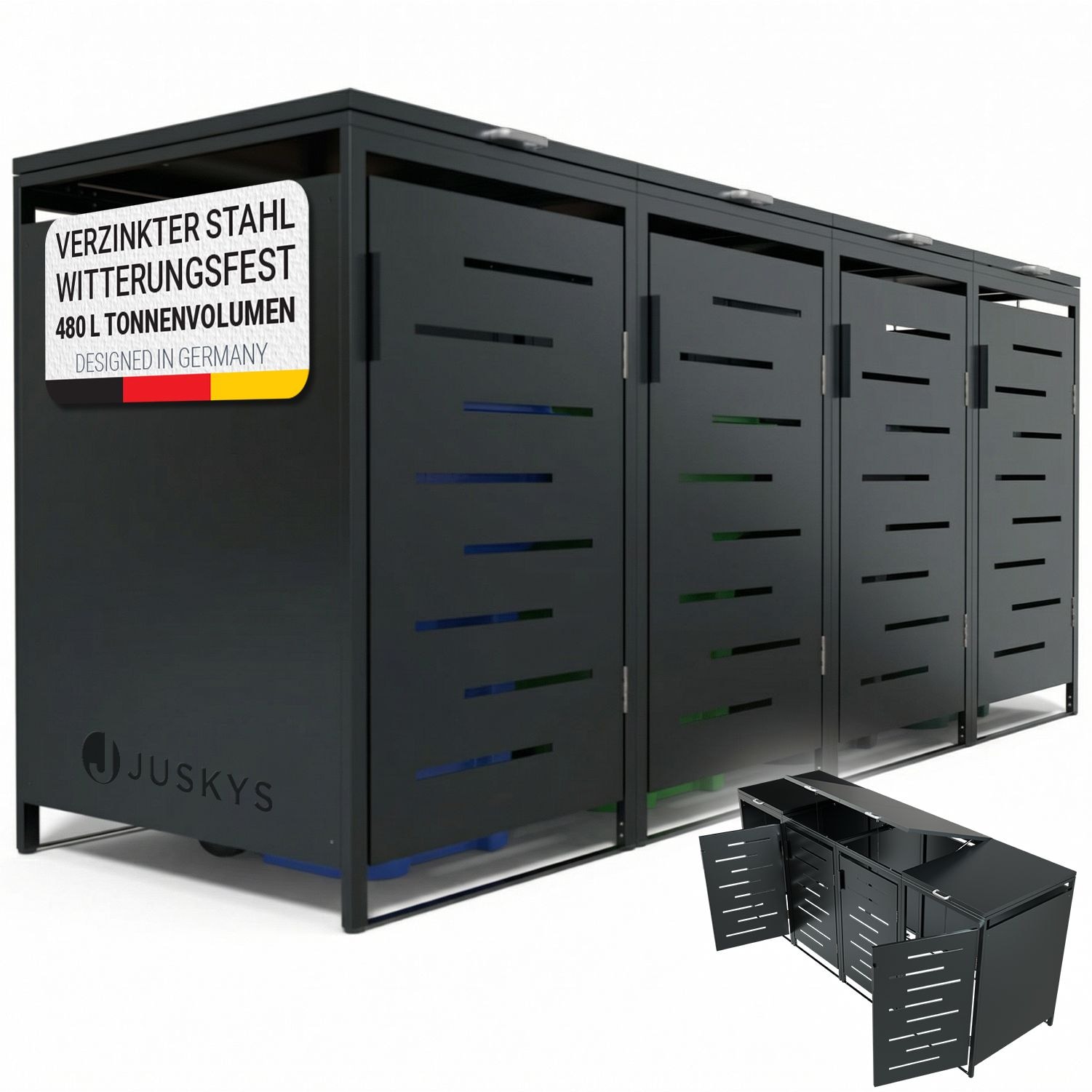 Juskys M&uuml;lltonnenbox Arel 4er - Metall Gartenbox f&uuml;r M&uuml;lltonnen - Aufbewahrungsbox Anthrazit 