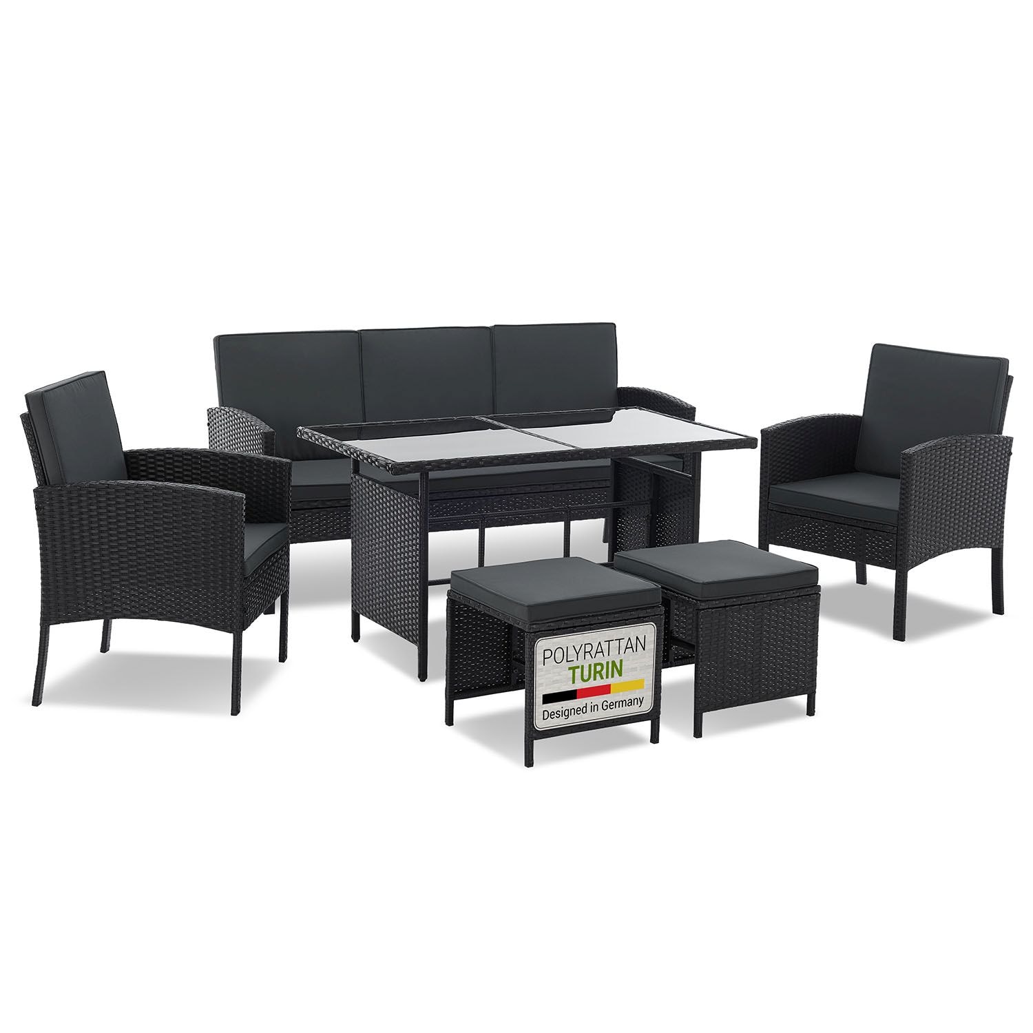 Juskys Polyrattan Gartenm&ouml;bel Sitzgruppe Turin Set 6 teilig - Outdoor M&ouml;bel mit Tisch - Schwarz 