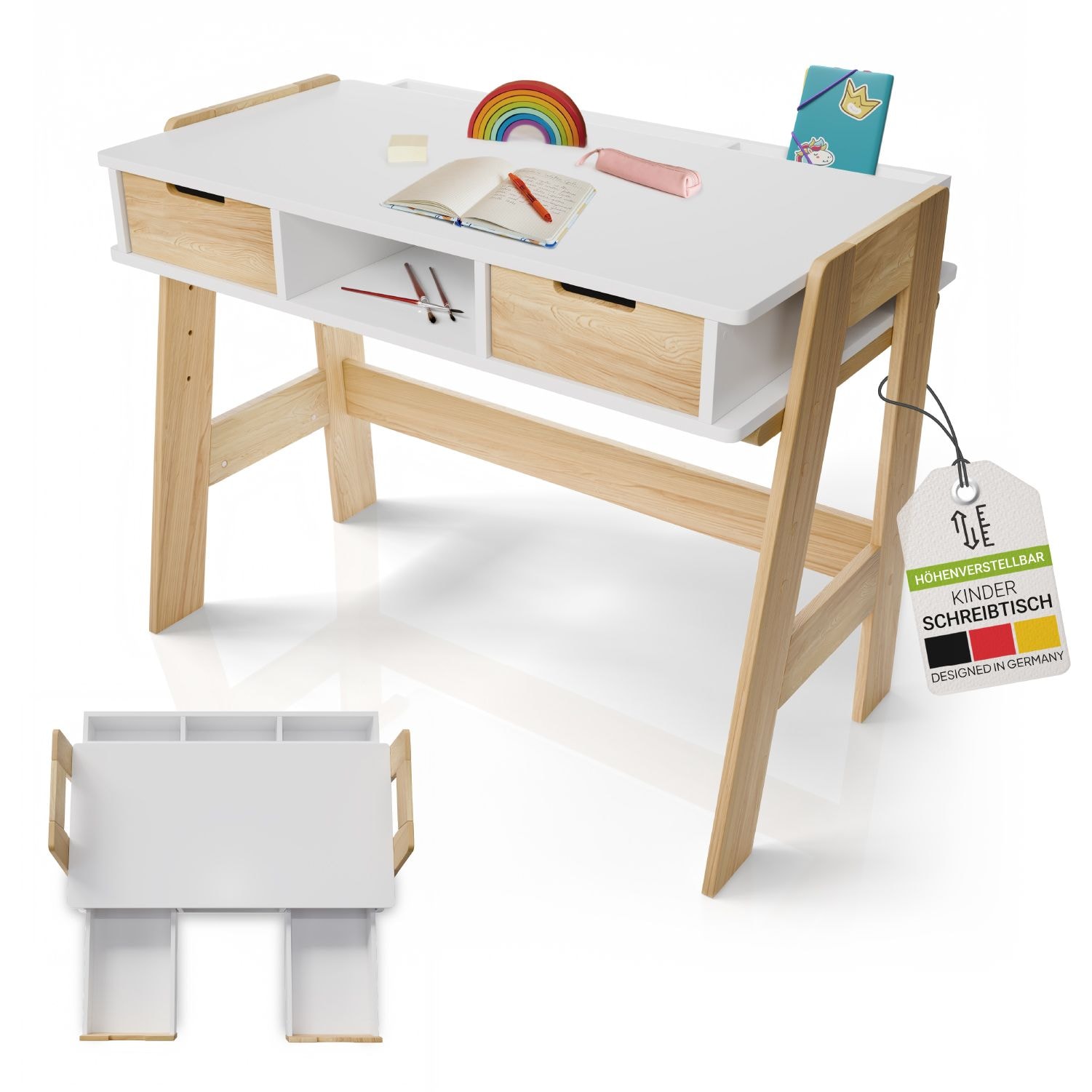 Juskys Kinder Schreibtisch Fietje - h&ouml;henverstellbar, 2 Schubladen, viel Stauraum, kratzfest 