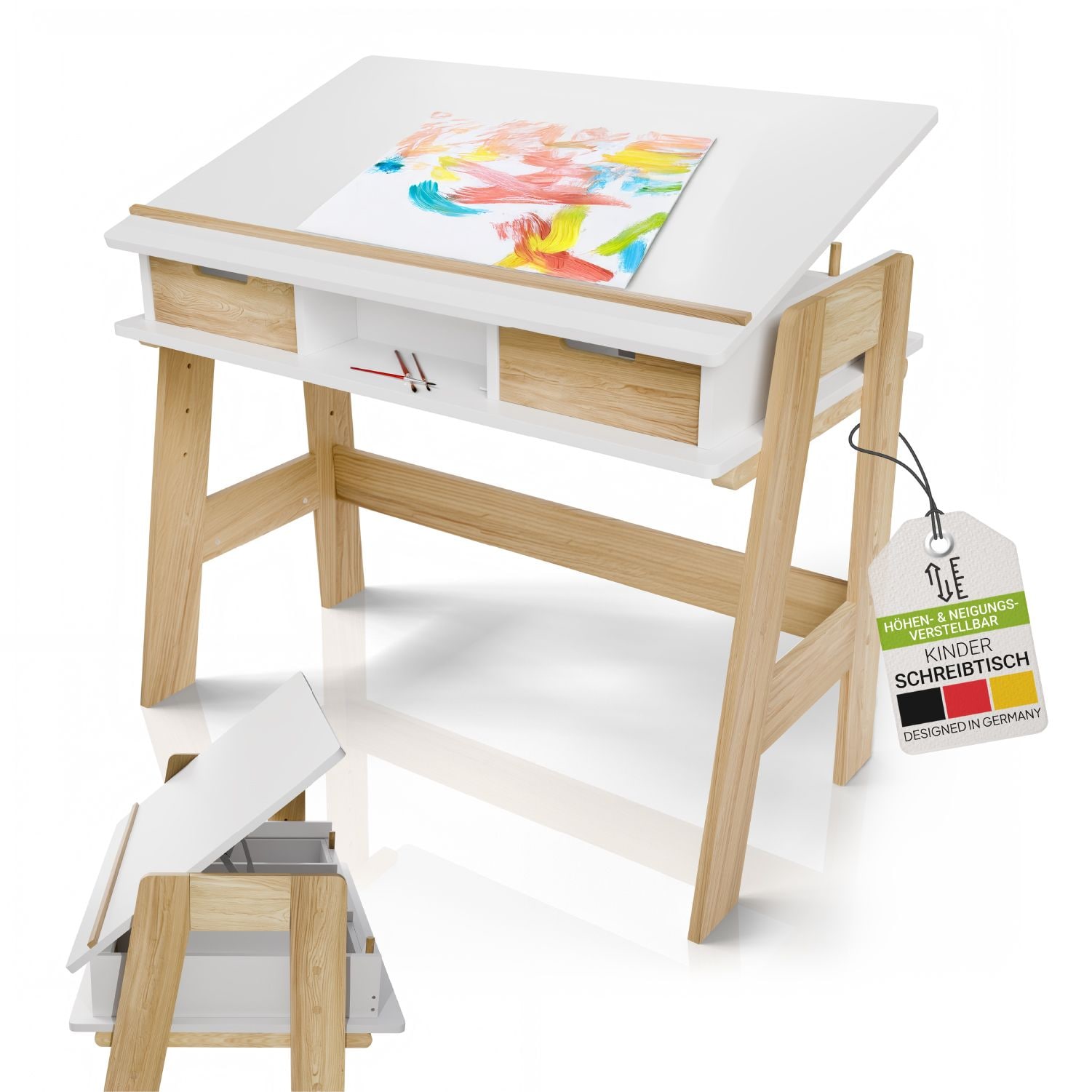 Juskys Kinder Schreibtisch Fietje Plus - neigungs- & h&ouml;henverstellbar, 2 Schubladen, viel Stauraum 