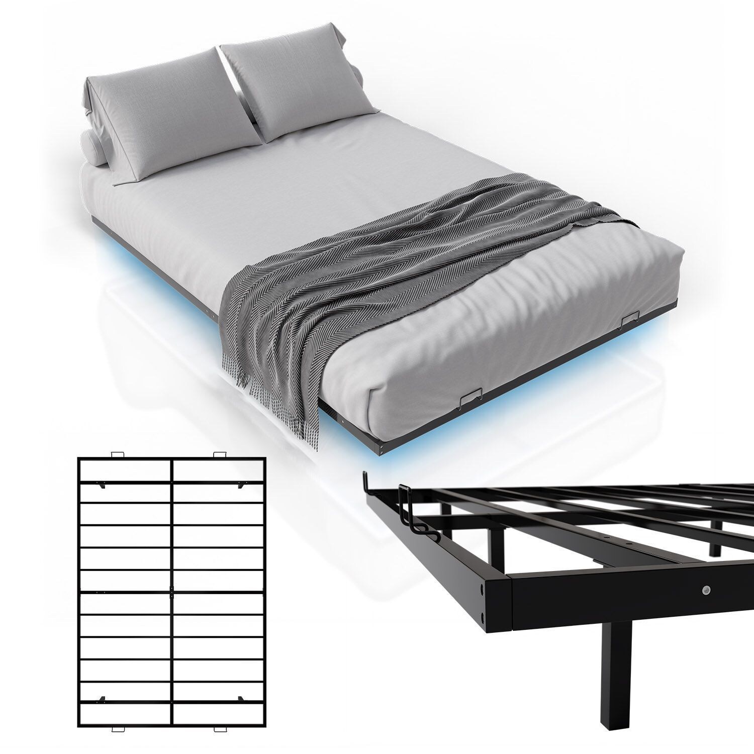 Juskys Metallbett Palamos 140x200 cm mit Lattenrost & LED Beleuchtung - Schwebebett, Bett - Schwarz 