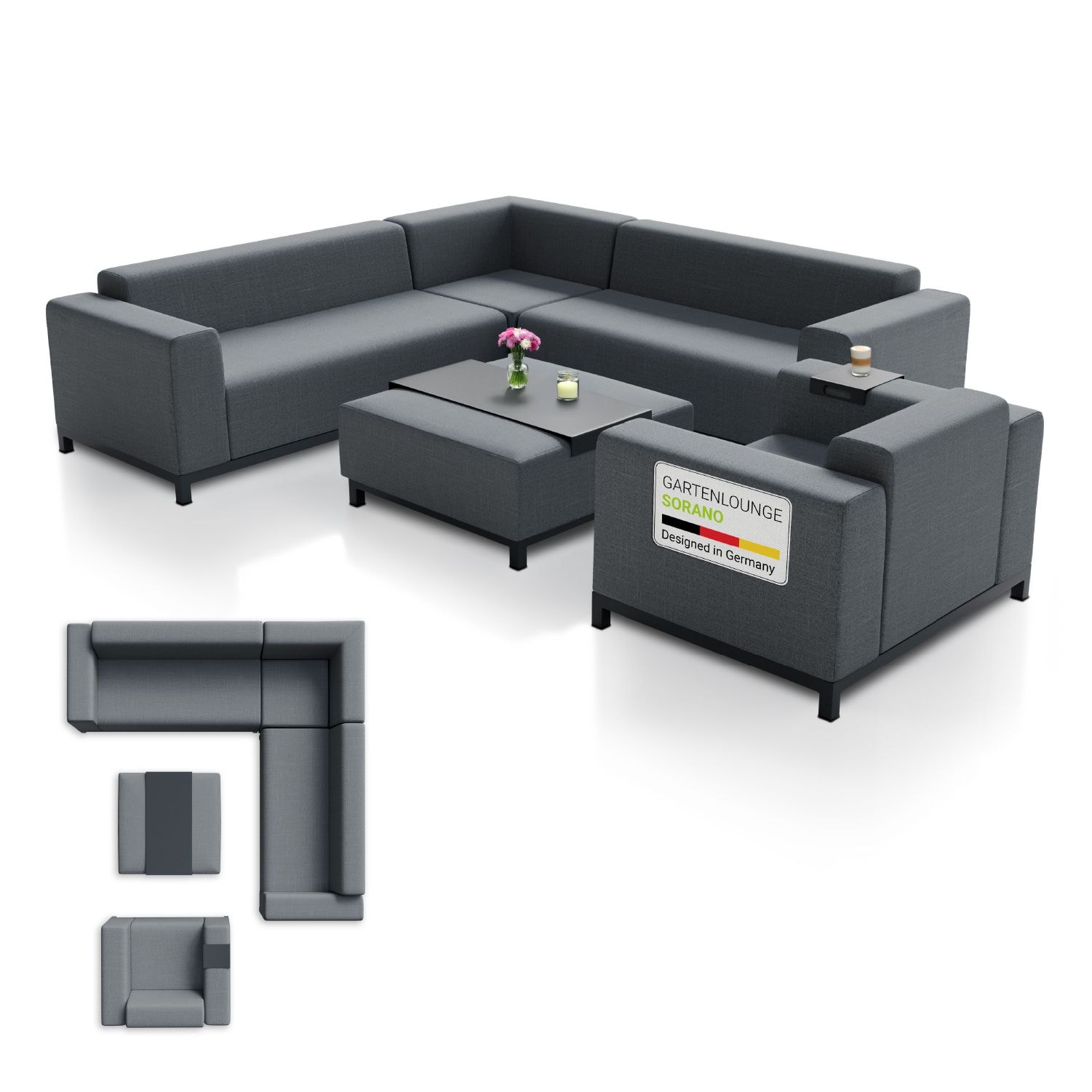 Juskys Premium Gartenm&ouml;bel Lounge Sorano - Designer Set mit Sofa, Sessel & Hocker - Stoff Anthrazit 