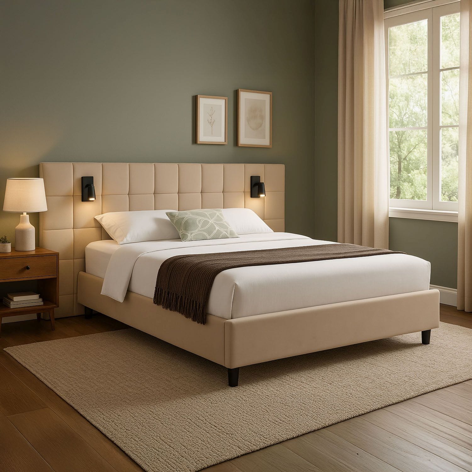 Juskys Polsterbett 140x200 cm Luzano - Bett mit LED, Lattenrost & Kopfteil - Bettgestell Samt - Beige 