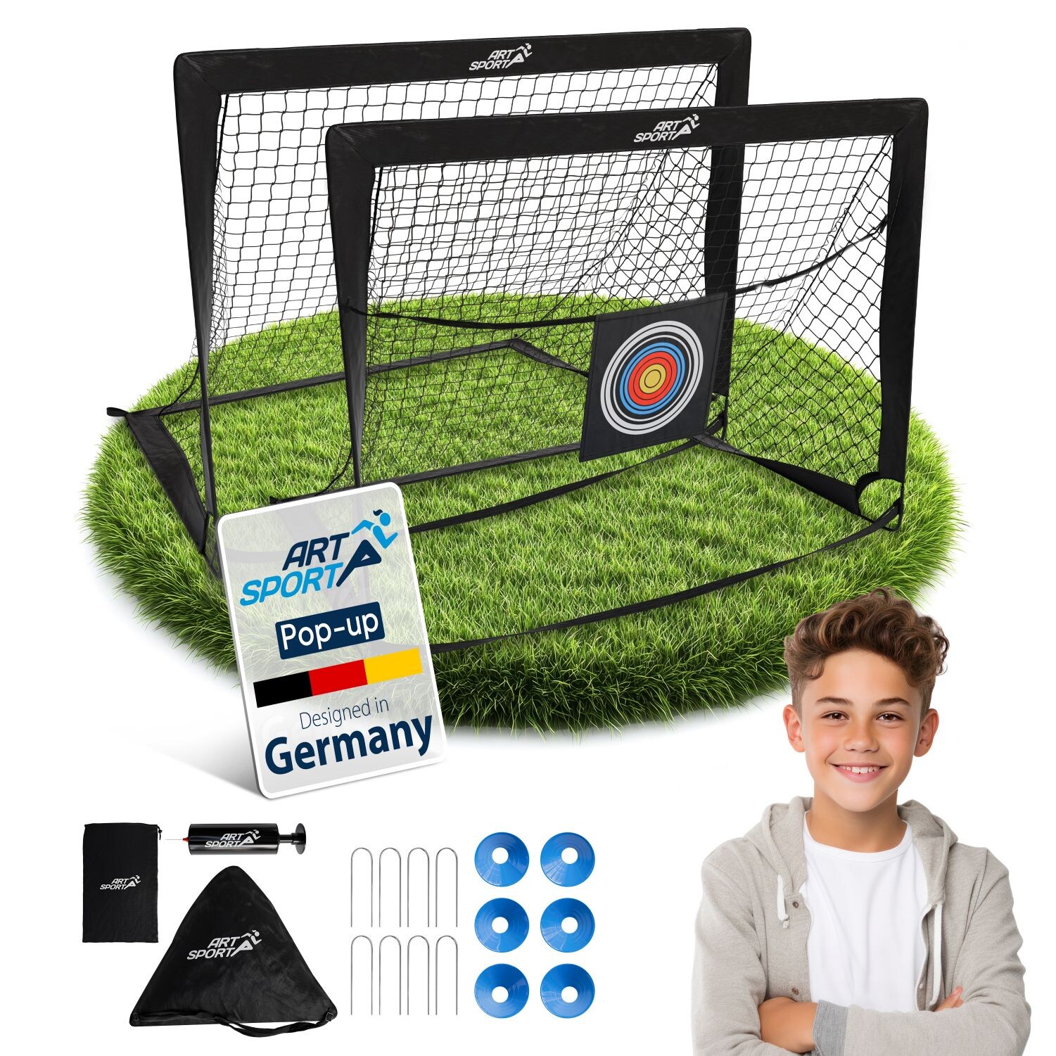 ArtSport Pop-up Fußballtor Goal Master - 2er Set mit Zubehör, 2 Fußballtore Indoor, Garten - Schwarz