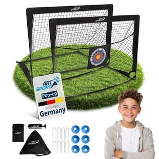 ArtSport Pop-up Fußballtor Goal Master - 2er Set mit Zubehör, 2 Fußballtore Indoor, Garten - Schwarz 