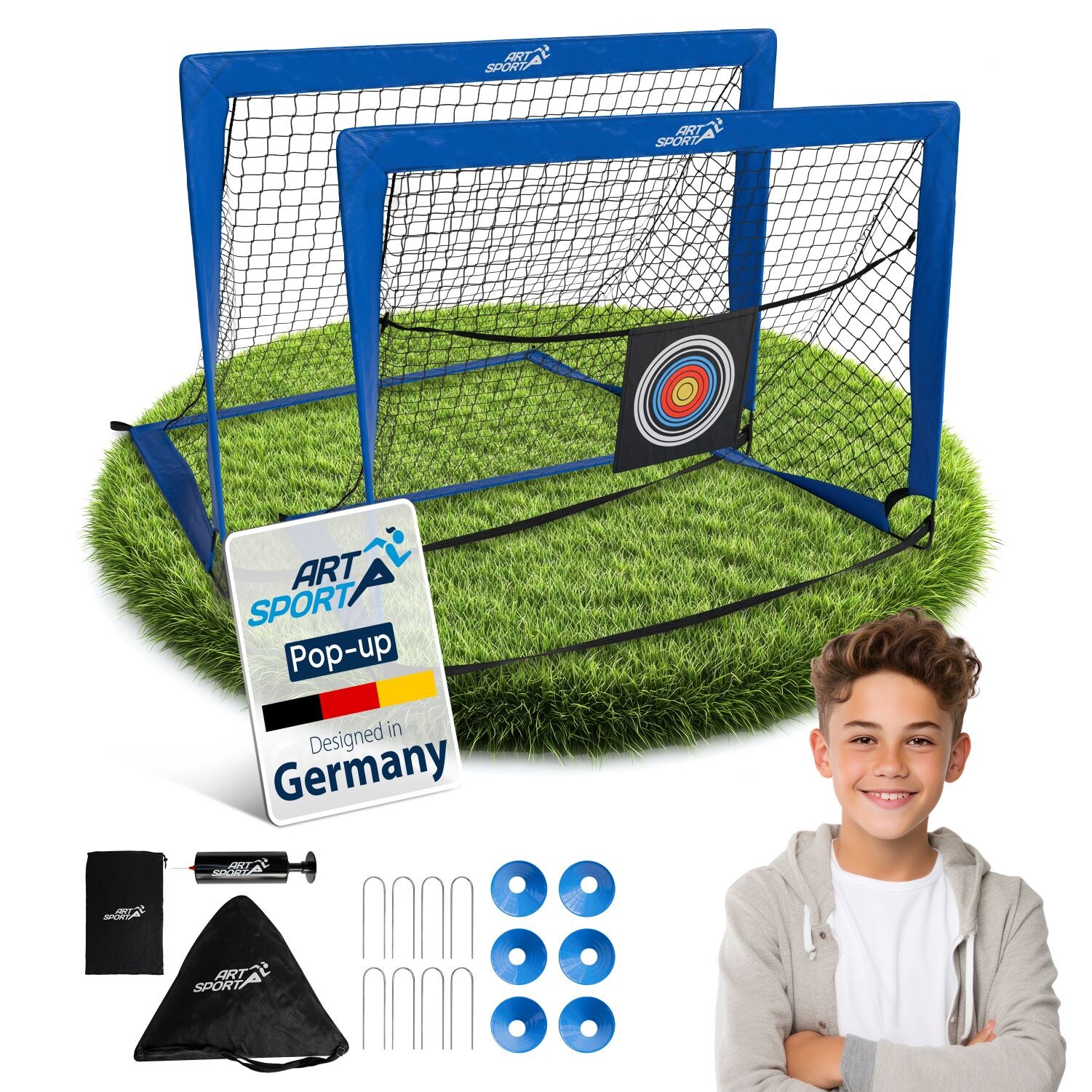 ArtSport Pop-up Fußballtor Goal Master - 2er Set mit Zubehör, 2 Fußballtore Indoor, Garten - Blau