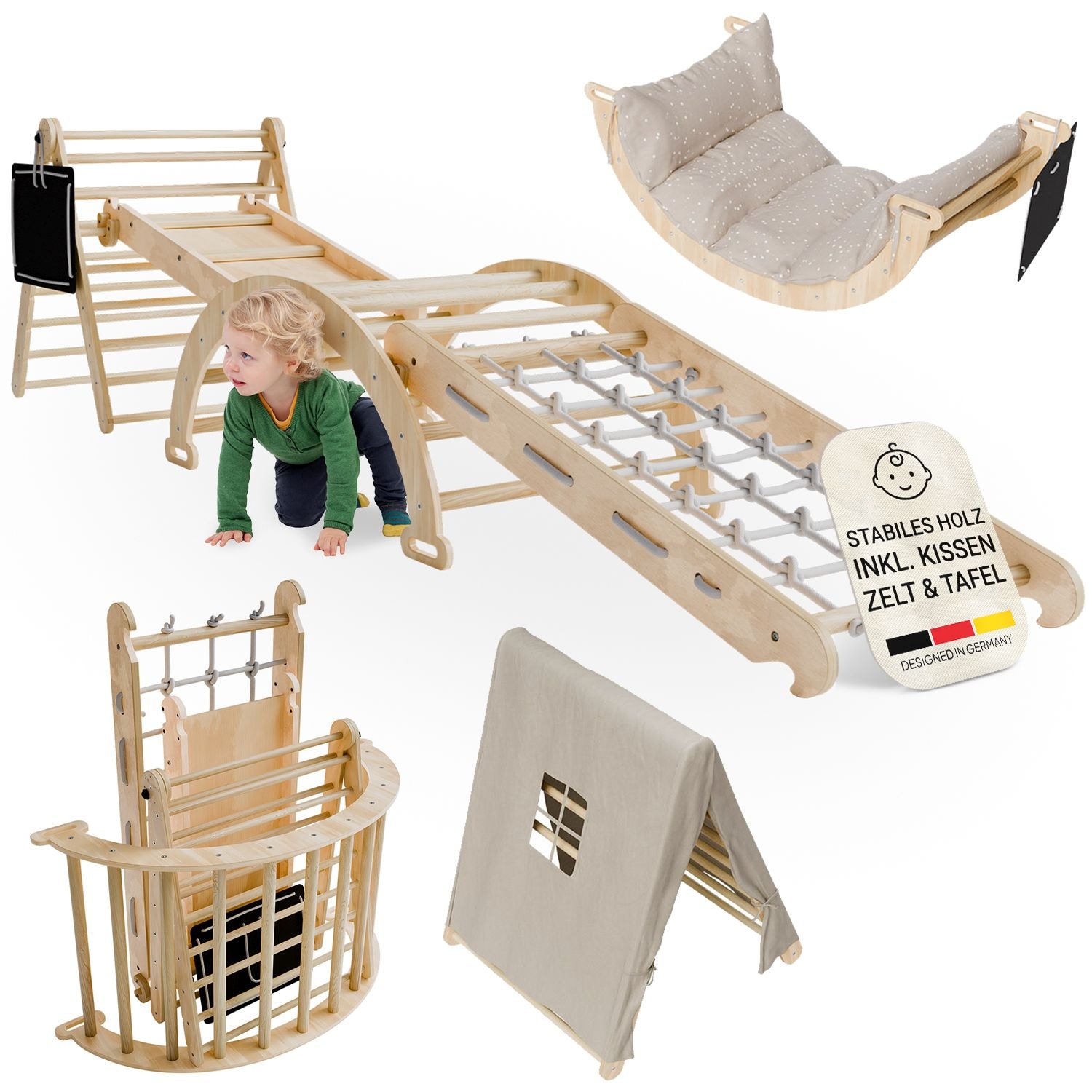 Juskys Kletterdreieck Movario Gro&szlig; - Indoor Kletterger&uuml;st, Kletterdreieck und Kletterbogen, Rutsche 