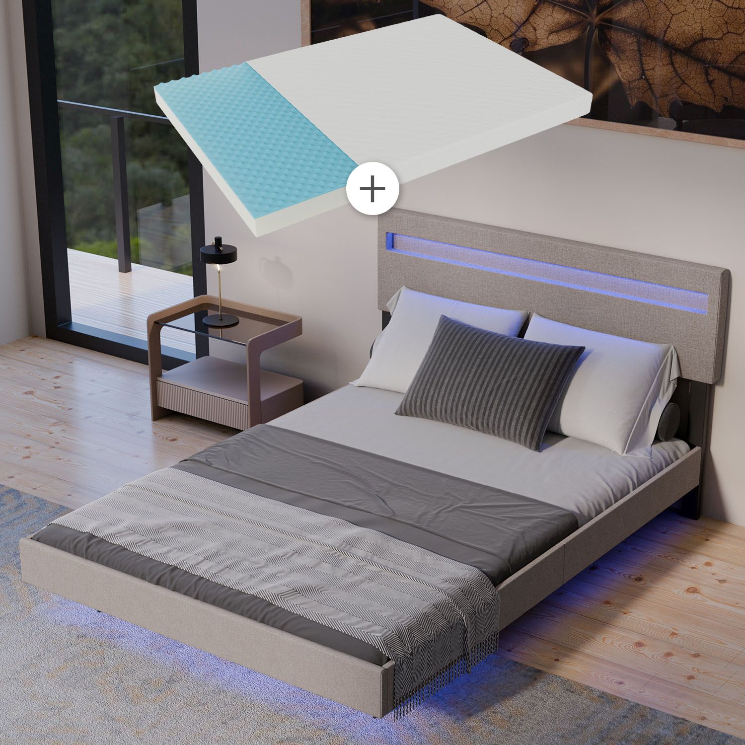 Juskys Schwebebett Lissabon 140 x 200 cm - mit Matratze, Schwebendes Design & LED-Beleuchtung - beige 