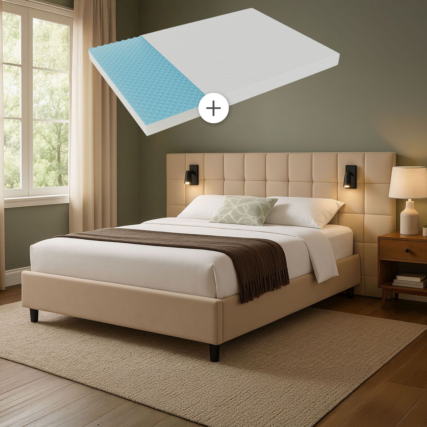 Juskys Polsterbett 140x200 cm Luzano - Bett mit LED, Matratze & Lattenrost - Bettgestell Samt Beige 