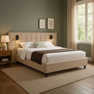 Juskys Polsterbett 140x200 cm Luzano - Bett mit LED, Matratze & Lattenrost - Bettgestell Samt Beige 