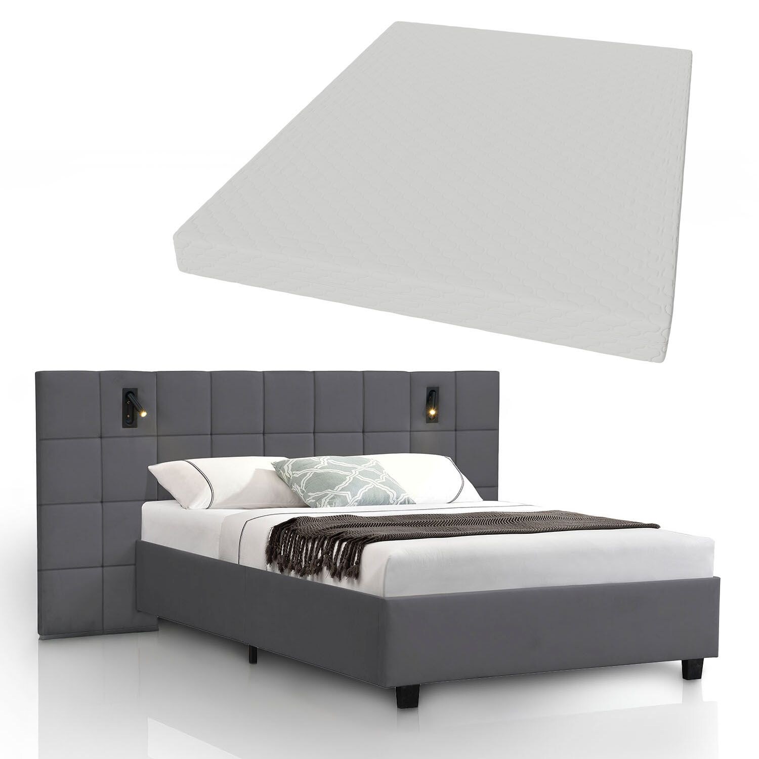 Juskys Polsterbett 140x200 cm Luzano - Bett mit LED, Matratze & Lattenrost - Bettgestell Samt Dunkelgrau 