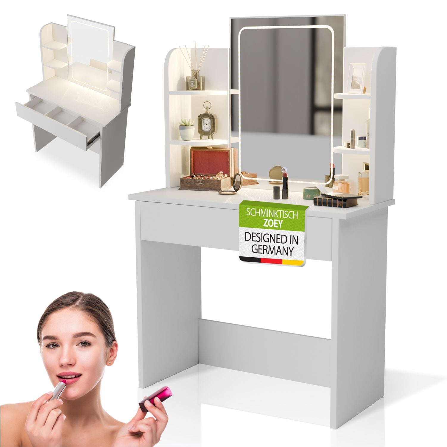 Juskys Schminktisch Zoey mit Touch-LED-Spiegel & Stauraum, moderne Design mit Schublade &ndash; Wei&szlig; 