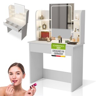 Juskys Schminktisch Zoey mit Touch-LED-Spiegel & Stauraum, moderne Design mit Schublade – Weiß 