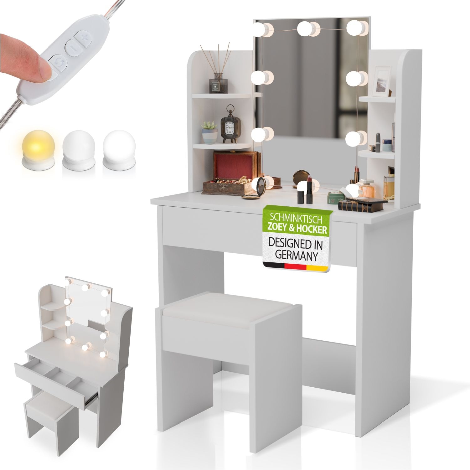Juskys Schminktisch Zoey & Hocker Melly, LED-Spiegel & Stauraum, moderne Optik mit Schublade &ndash; Wei&szlig; 