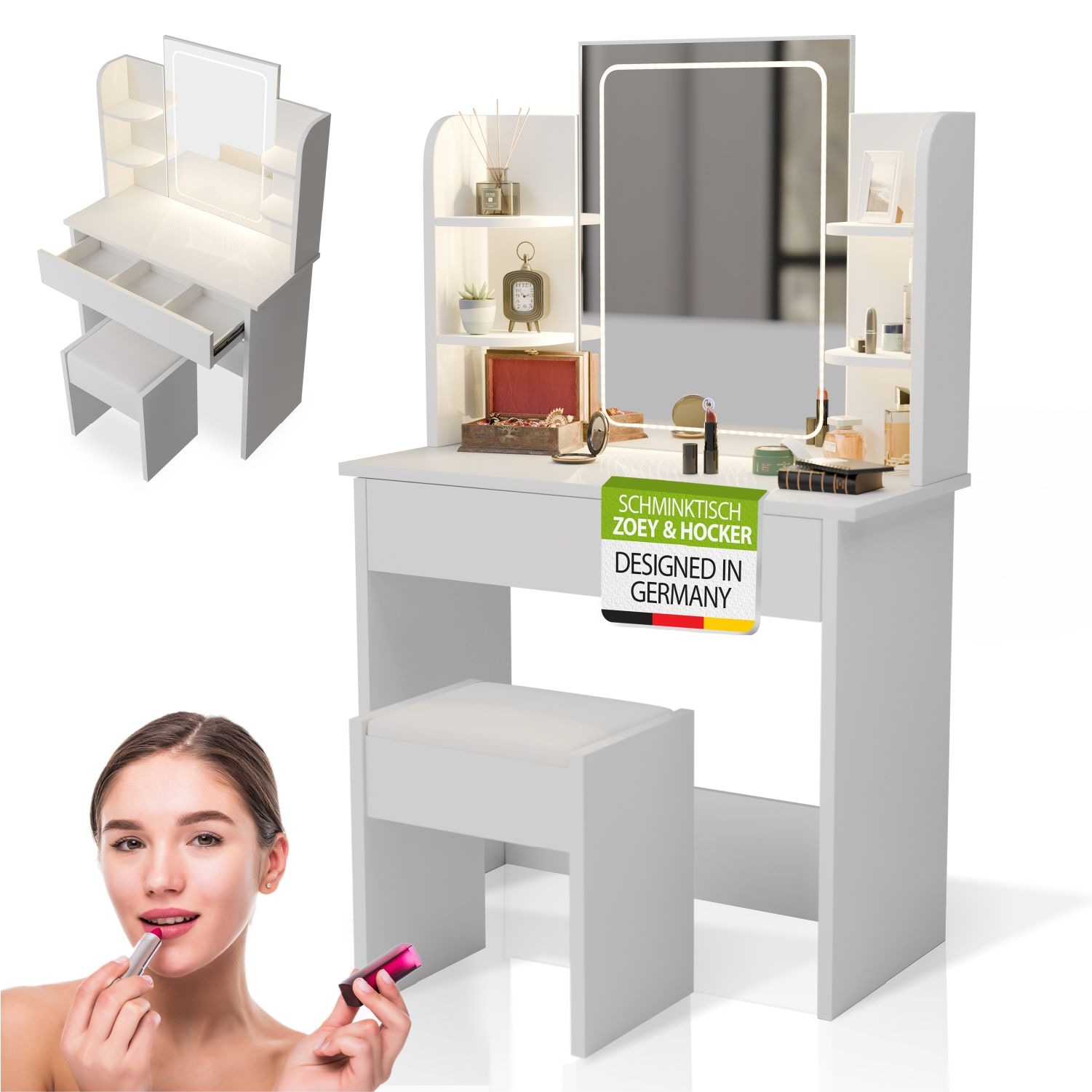 Juskys Schminktisch Zoey & Hocker Melly mit Touch-LED-Spiegel & Stauraum, moderne Optik &ndash; Wei&szlig; 