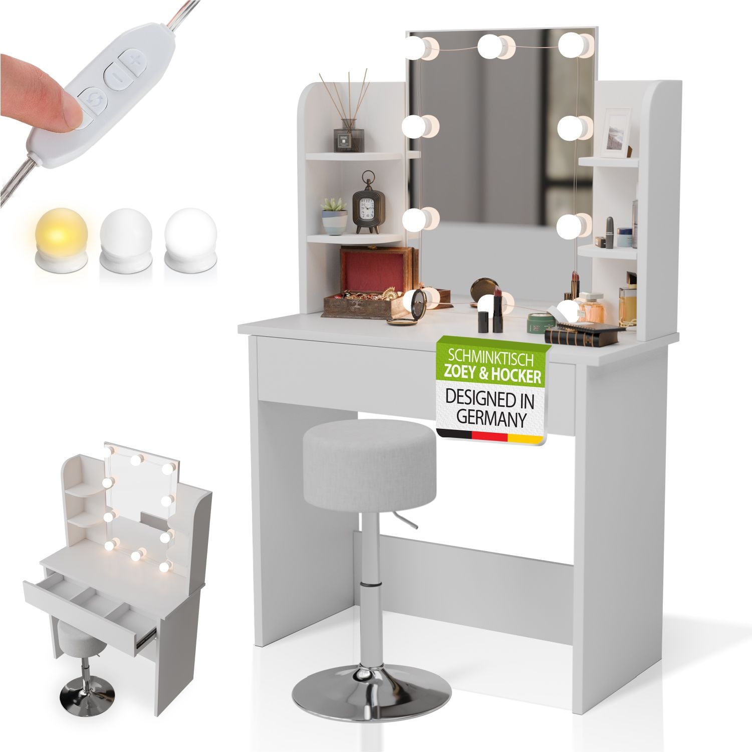 Juskys Schminktisch Zoey & Hocker Tonia, LED-Spiegel & Stauraum, moderne Optik mit Schublade &ndash; Wei&szlig; 
