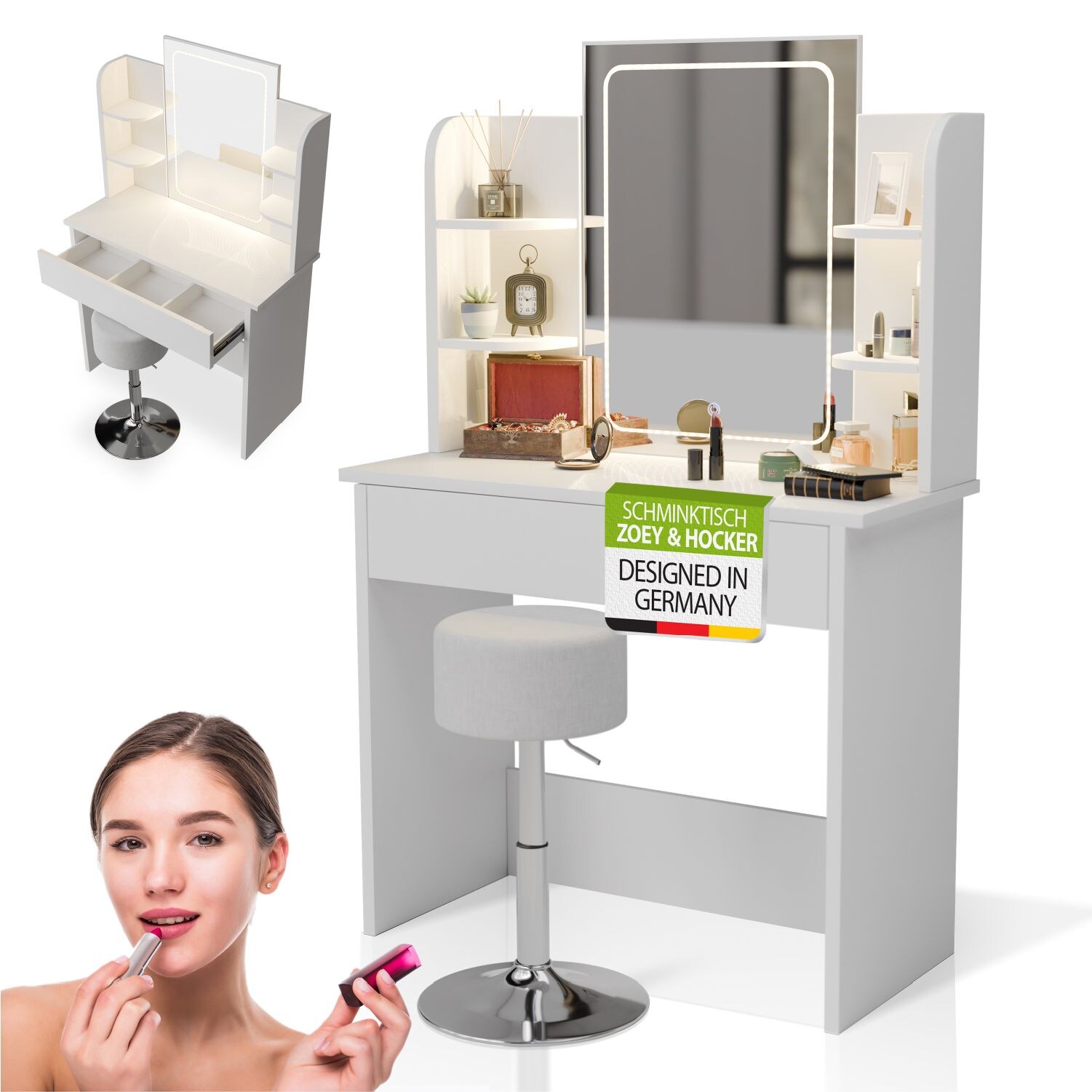 Juskys Schminktisch Zoey & Hocker Tonia mit Touch-LED-Spiegel & Stauraum, moderne Oberfl&auml;che &ndash; Wei&szlig; 