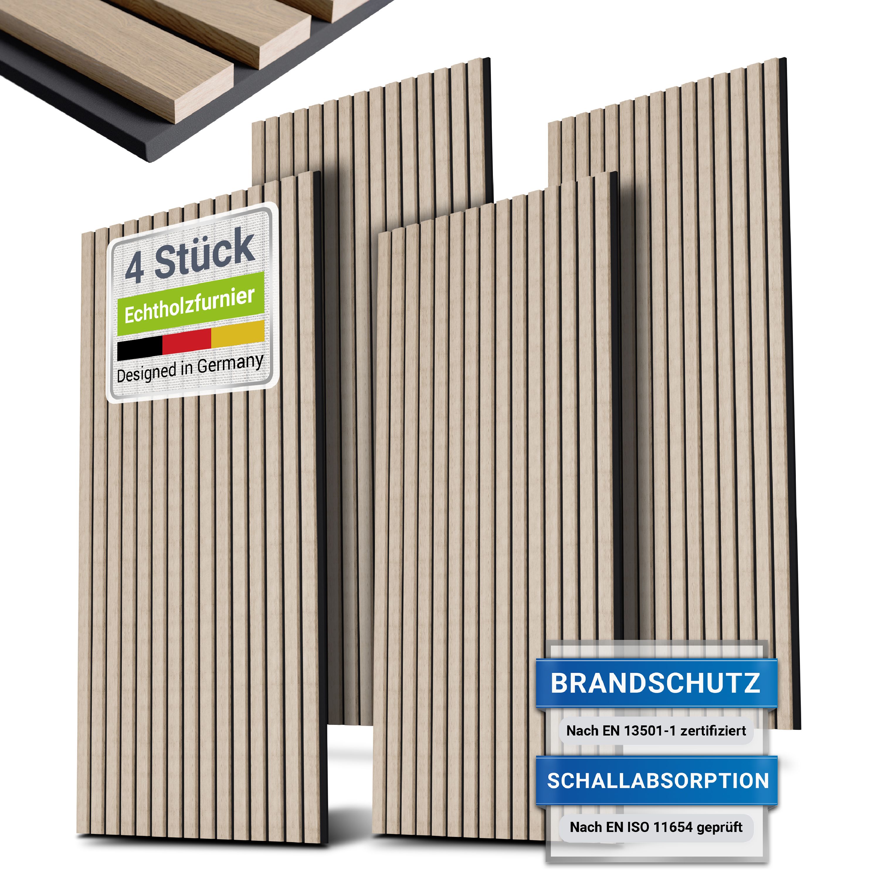 Juskys Wandpaneele Akustik 4er Set 2,88 qm - Holzfurnier & reduziert Hall und L&auml;rm - Eiche Natur Hell 