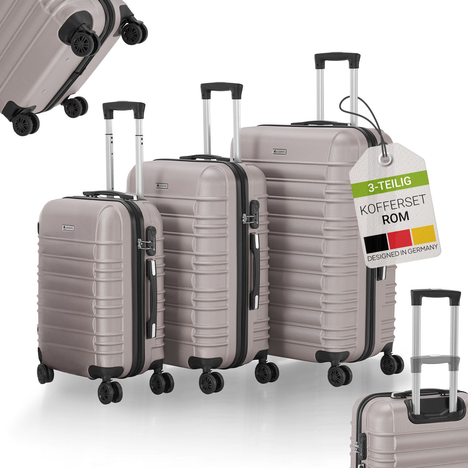 Juskys Hartschale Kofferset Rom Reisekoffer 3 teilig - Zahlenschloss, 360&deg; Rollen, Teleskopgriff - Champagner 