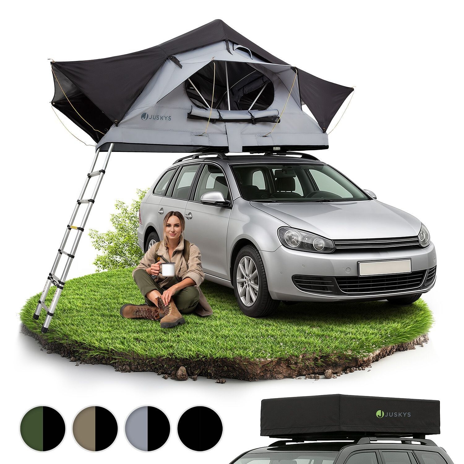 Autodachzelt Lago 120 x 210 cm - LED-Beleuchtung & Leiter - Schwarz / Grau