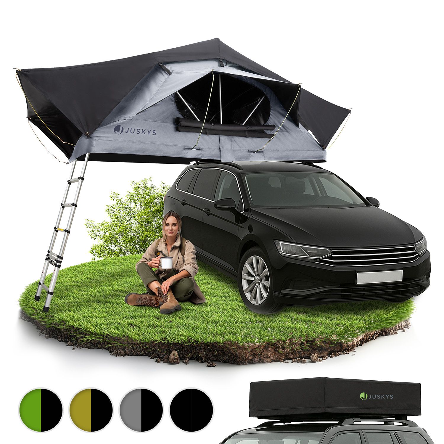 Juskys Autodachzelt Lago 140 x 240 cm - LED-Beleuchtung & Leiter - Schwarz / Grau 