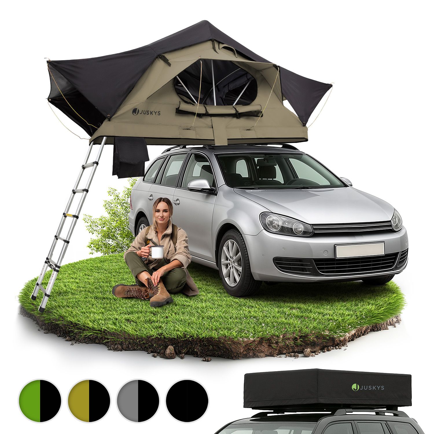 Juskys Autodachzelt Lago 120 x 210 cm - LED-Beleuchtung & Leiter - Schwarz / Khaki 
