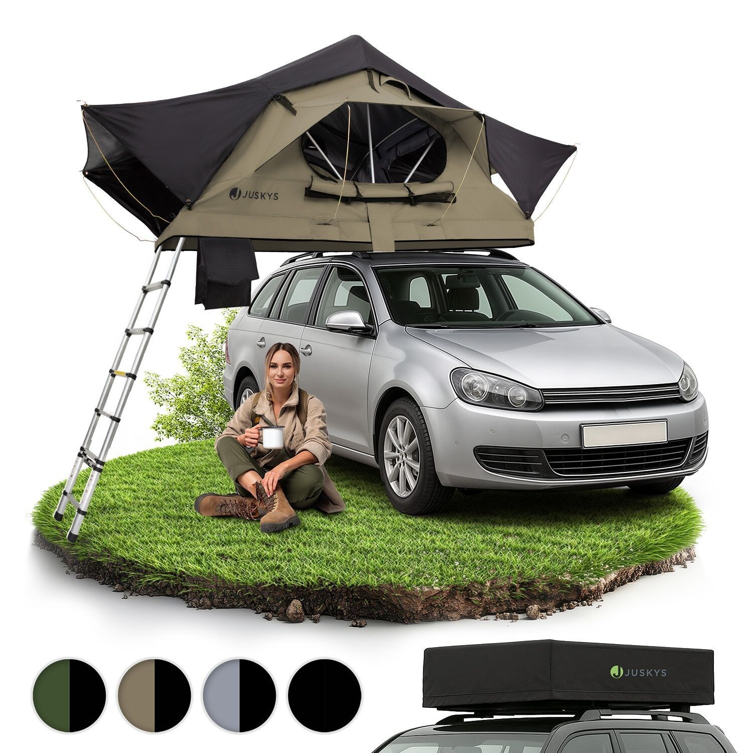 Autodachzelt Lago 120 x 210 cm - LED-Beleuchtung & Leiter - Schwarz / Khaki