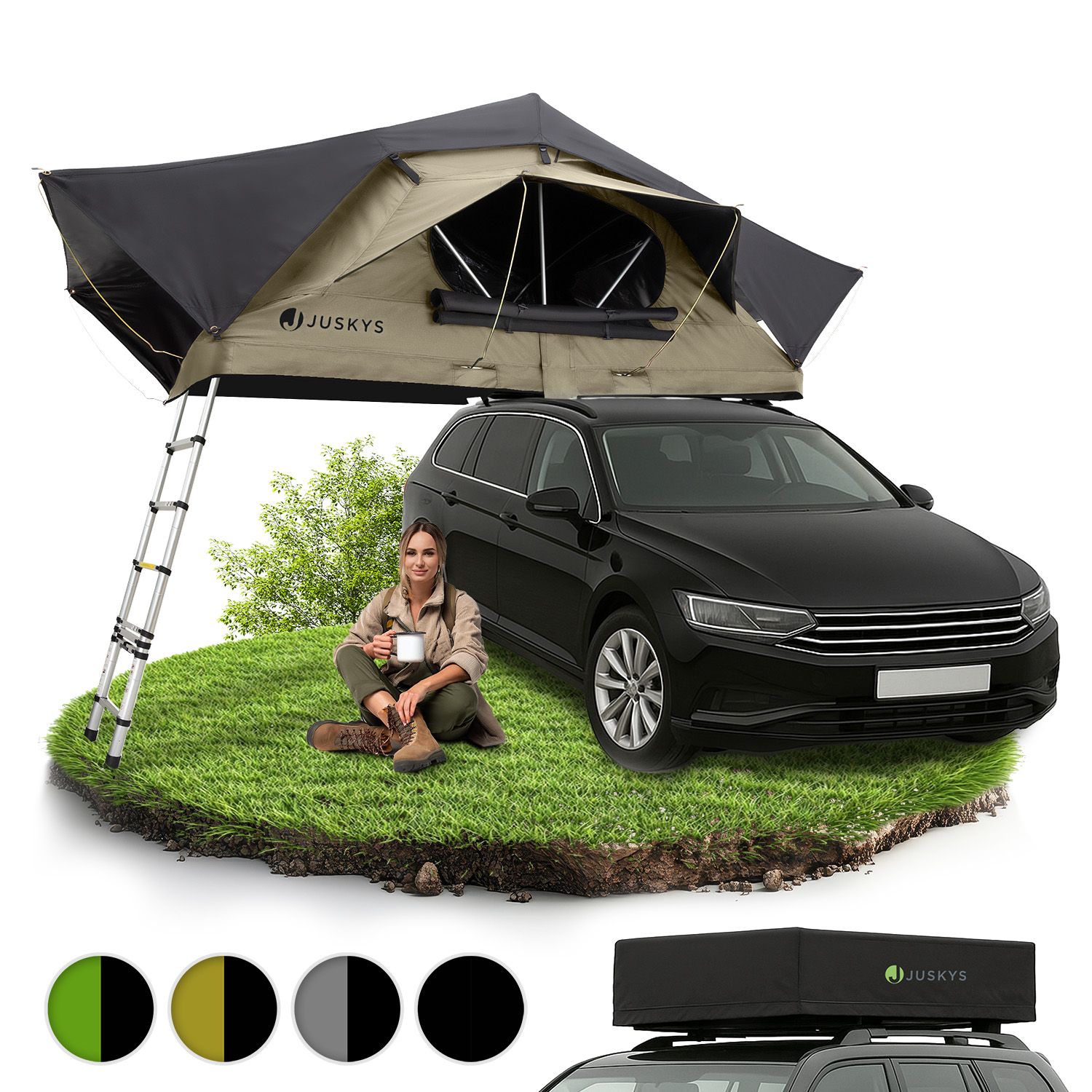 Juskys Autodachzelt Lago 140 x 240 cm - LED-Beleuchtung & Leiter - Schwarz / Khaki 