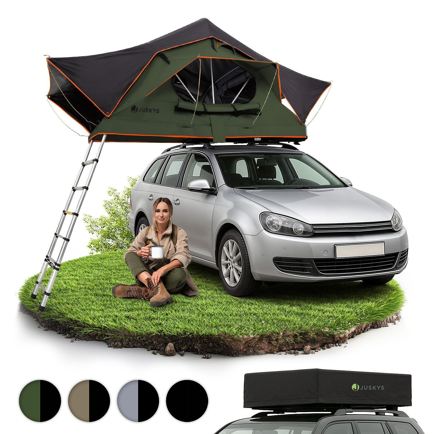 Autodachzelt Lago 120 x 210 cm - LED-Beleuchtung & Leiter - Schwarz / Olivgrün