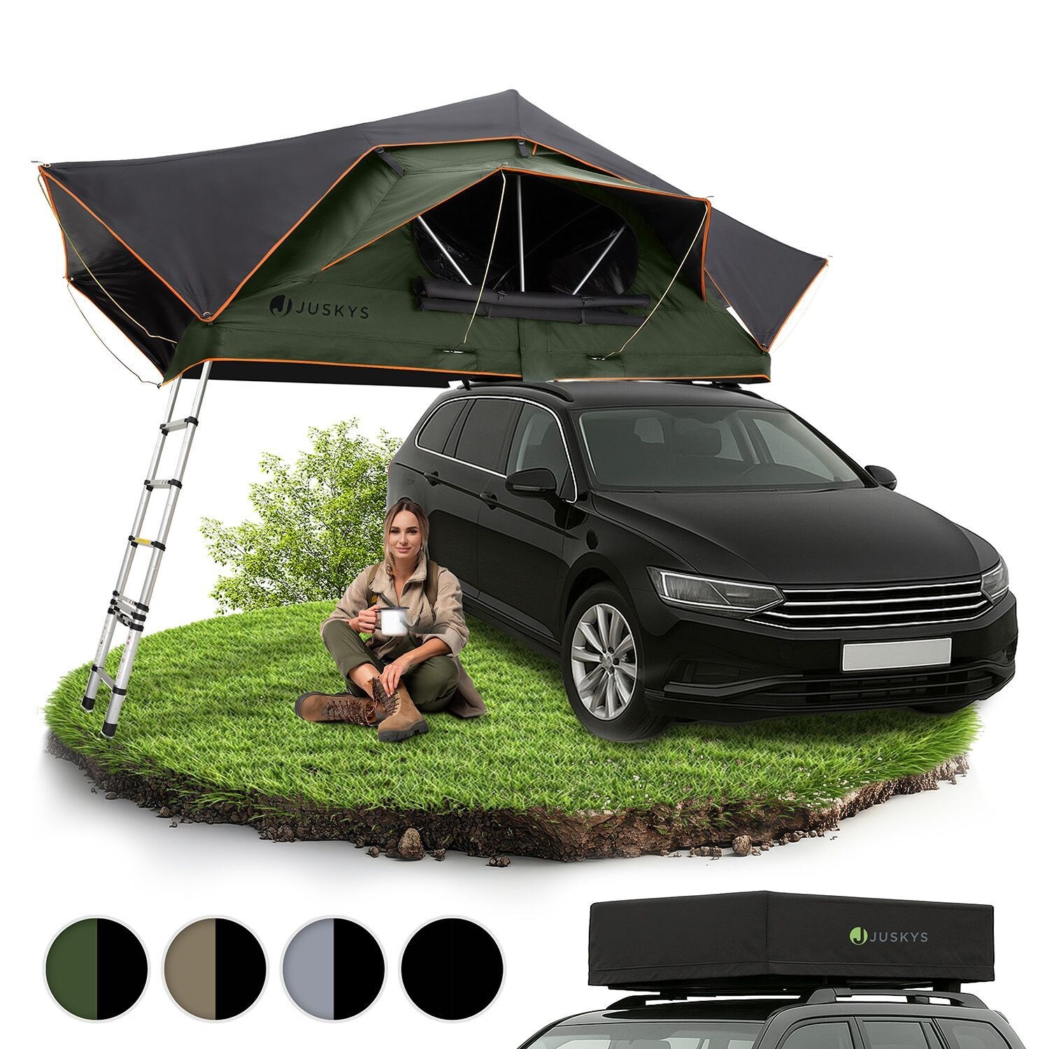 Autodachzelt Lago 140 x 240 cm - LED-Beleuchtung & Leiter - Schwarz / Olivgrün