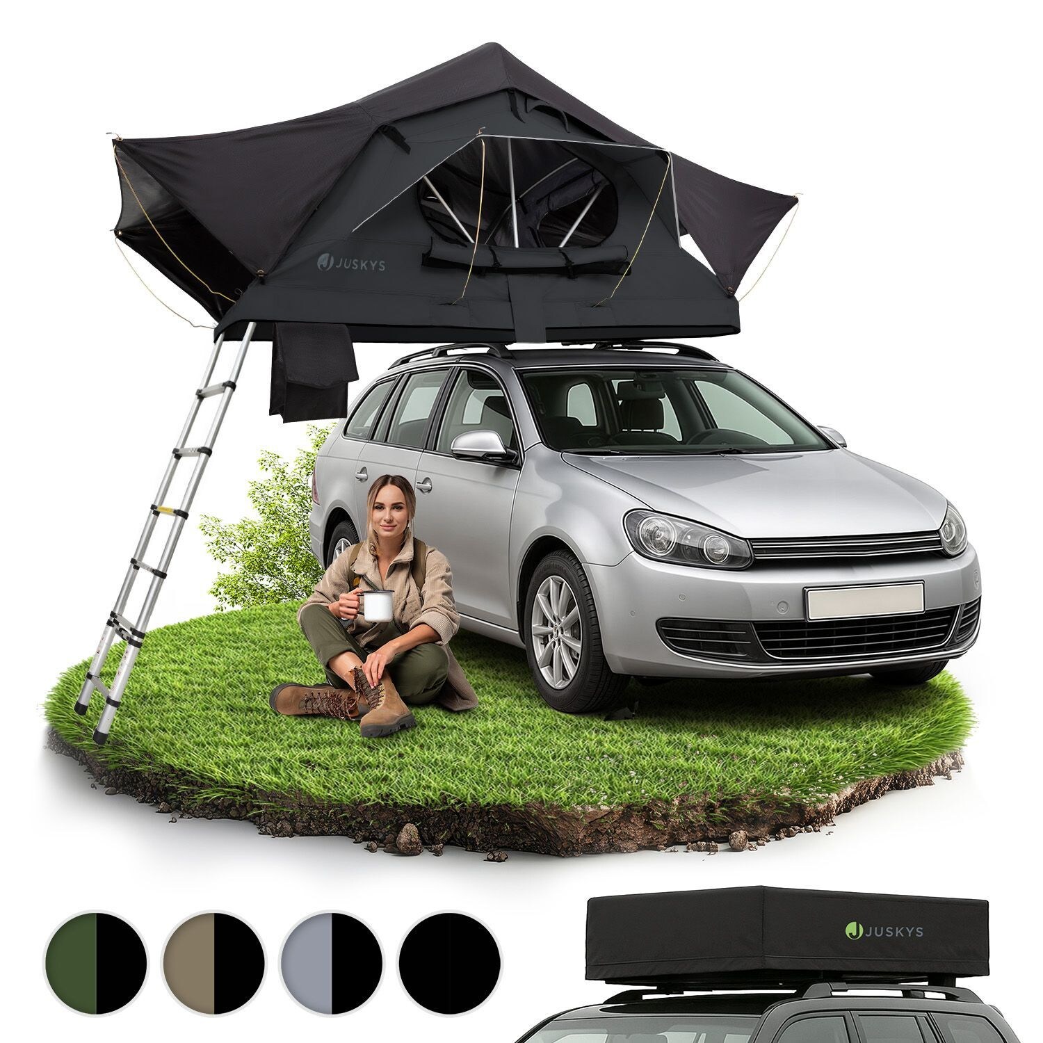 Autodachzelt Lago 120 x 210 cm - LED-Beleuchtung & Leiter - Schwarz