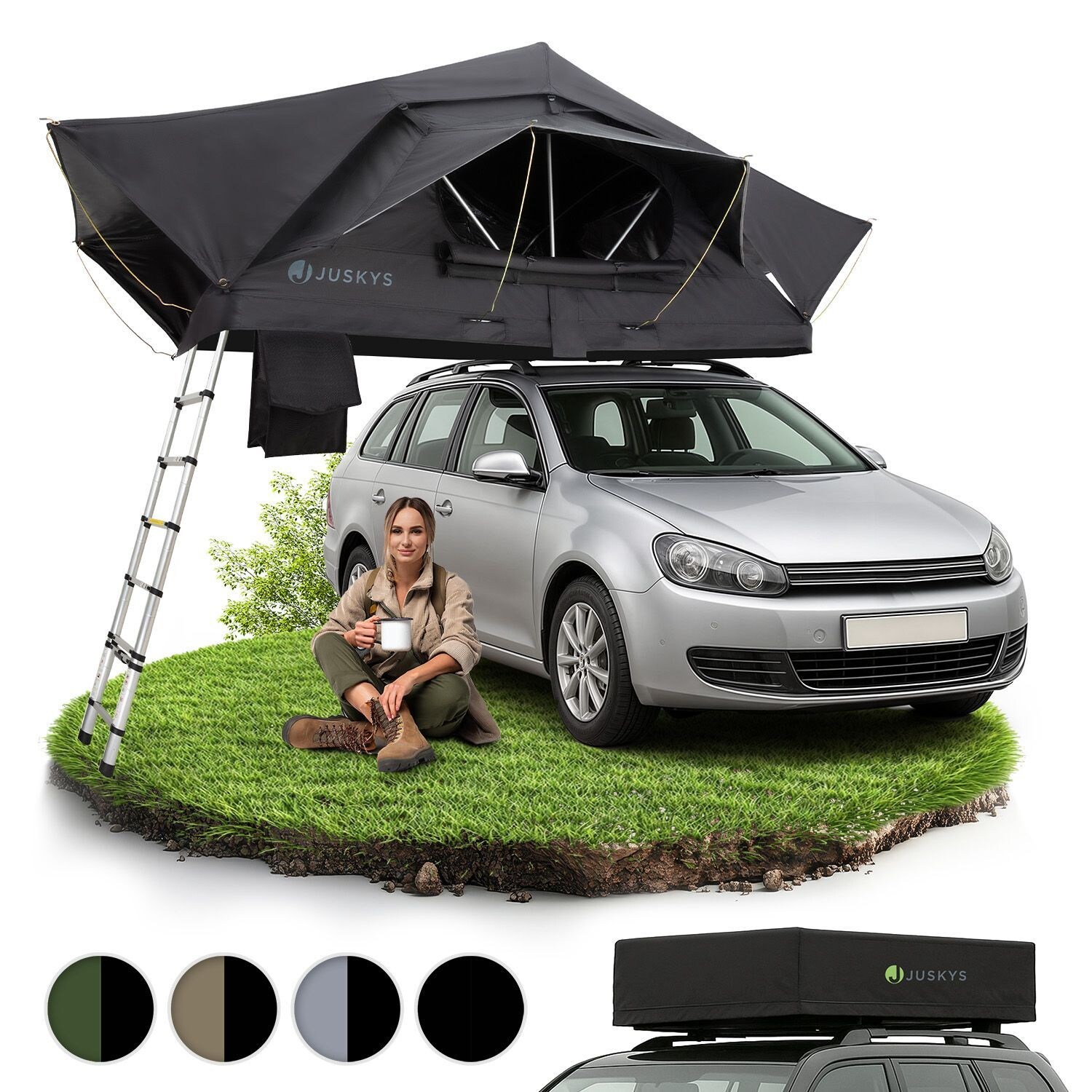 Autodachzelt Lago 140 x 240 cm - LED-Beleuchtung & Leiter - Schwarz