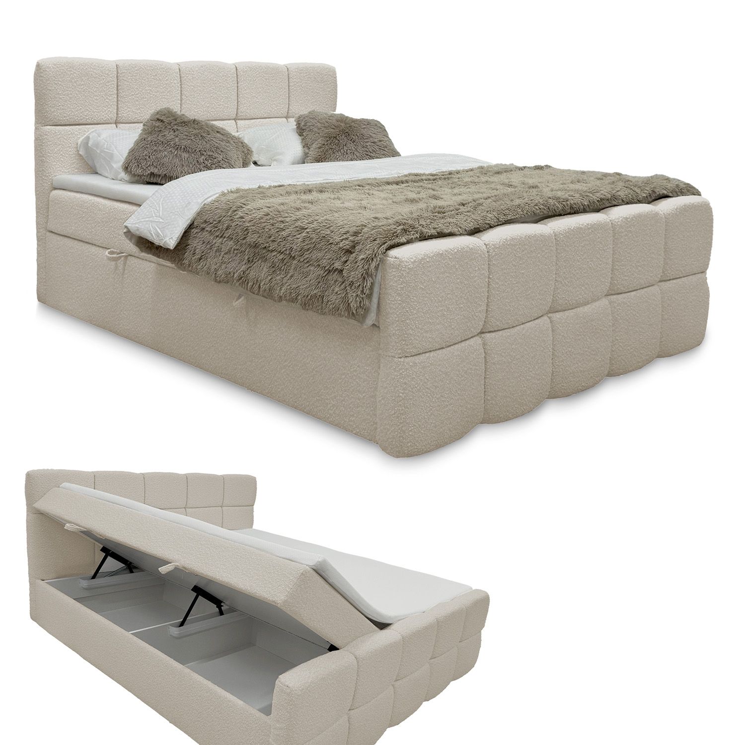 Juskys Boxspringbett Calgary 180x200 cm - Bettkasten, Boucle Stoff & inklusive Topper - Beige 