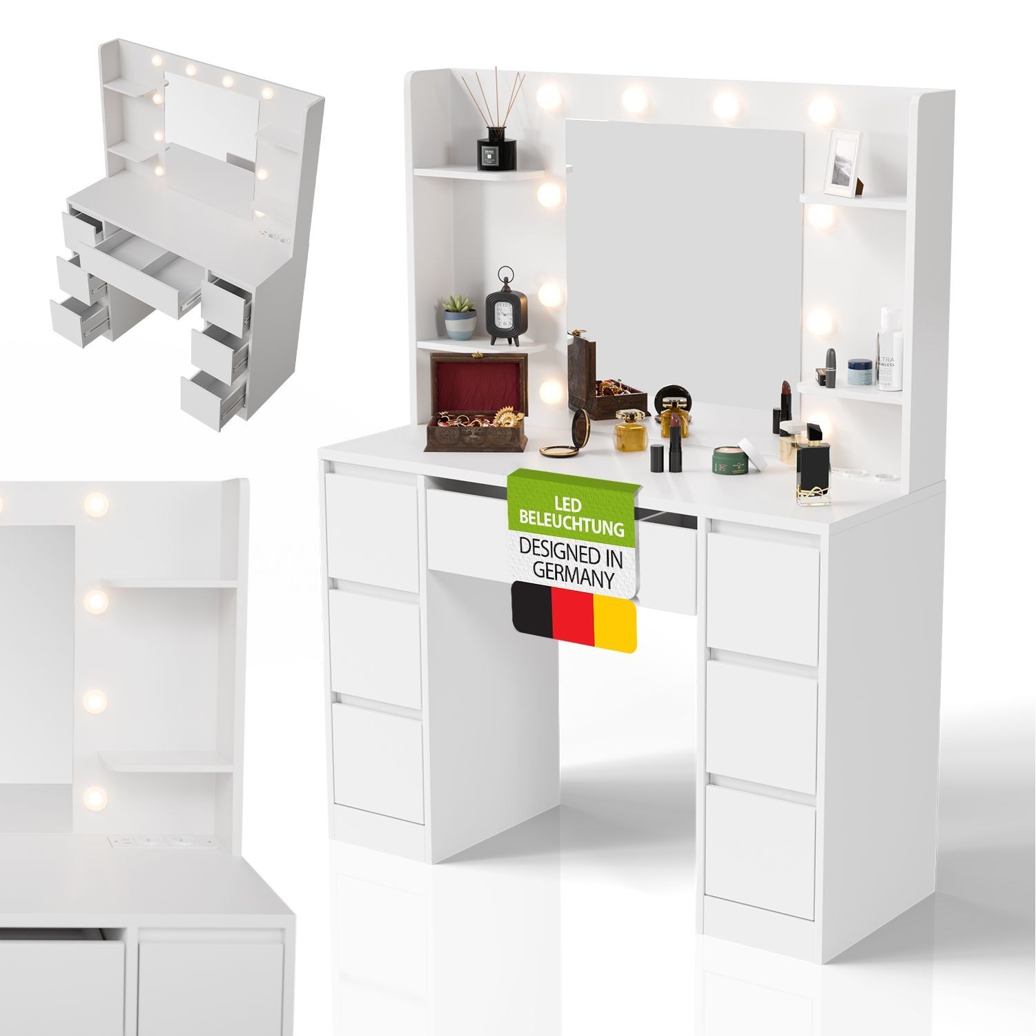 Juskys Schminktisch Malia mit LED-Spiegel, Helligkeit & Farbtemperatur individuell einstellbar, viel Stauraum &ndash; Wei&szlig; 