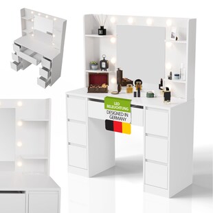 Juskys Schminktisch Malia mit LED-Spiegel, Helligkeit & Farbtemperatur individuell einstellbar, viel Stauraum – Weiß 