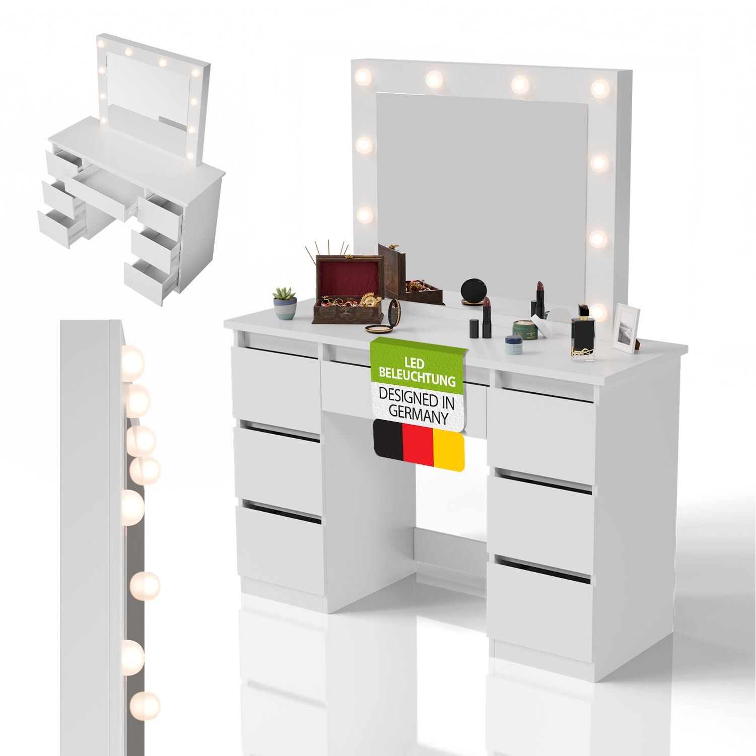 Juskys Schminktisch Talea mit LED-Spiegel, 3 Farbtemperaturen, stufenlose Helligkeit, viel Stauraum – Weiß