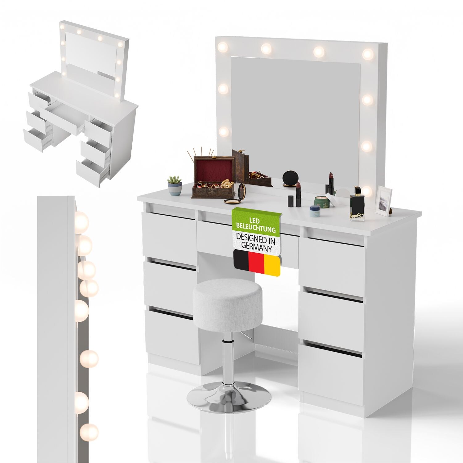 Juskys Schminktisch Talea und Hocker Tonia mit LED-Spiegel, 3 Farbtemperaturen, stufenlose Helligkeit, viel Stauraum &ndash; Wei&szlig; 